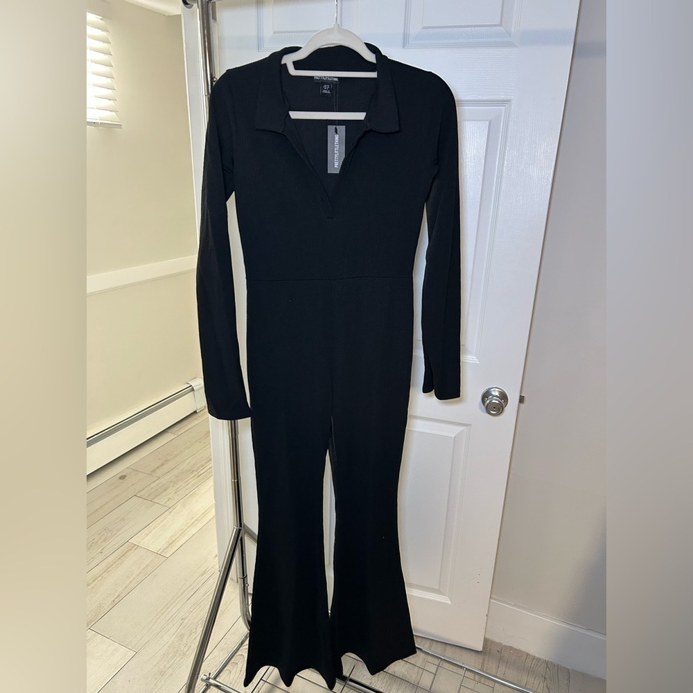 PLT black rib collar detail flare leg jumpsuit